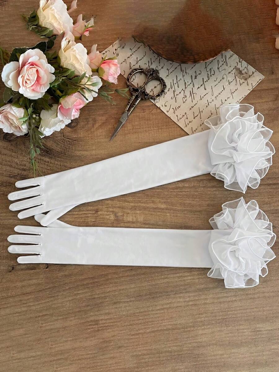 1 Pair Black Floral Gothic Long Over-The-Elbow Gloves For Wedding Party Evening Halloween - White - View 1