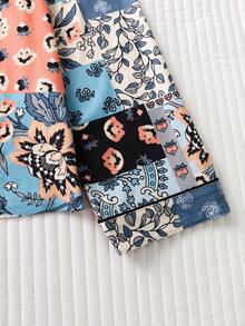 Women's Patchwork Floral Print 2 Pieces Pajama Set, Lapel Long Sleeve Top And Elastic Waist Long Pants, Soft Loungewear - Teal Blue - View 5