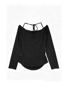 Women's Halter Neck Tie Off-Shoulder Long Sleeve Sexy Style Fitted Cropped Ruched Knit T-Shirt Top, Autumn - Black - View 2