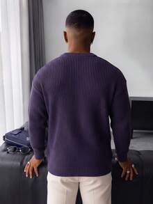 Men's Autumn/Winter Basic Solid Color Casual Fitted Lightweight Sheer Polyester Pique Texture Niche Design Long Sleeve Drop Shoulder Crew Neck Pullover Sweater - Mauve Purple - View 5