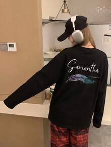 Women's Spring/Autumn Loose Fit Versatile Round Neck Fashion Casual Cartoon Print Long Sleeve T-Shirt Black - Black - View 2