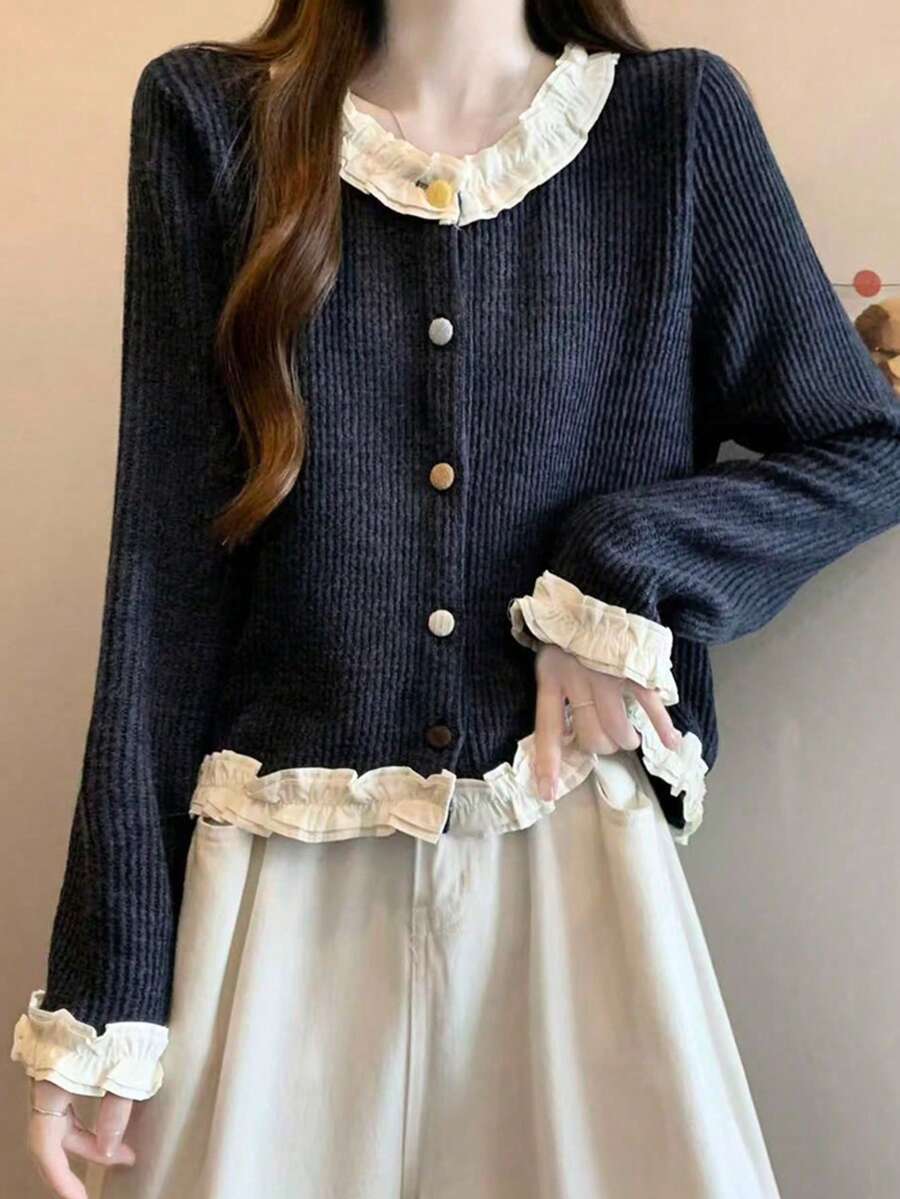 Fashionable Youthful College Style Navy Blue Knit Cardigan Women's Design Ruffle Hem Slimming Long Sleeve Casual Top - Navy Blue - View 1