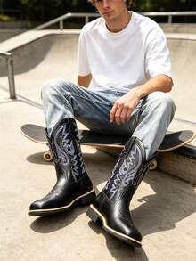 Striped Western Style Faux Leather Texture Cowboy Boots, Outdoor Wear For Men All Seasons - Black - View 10