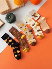 5 Pairs Women's Autumn Mid-Calf Socks, Cute Cartoon Squirrel Pumpkin Acorn Maple Leaf Pattern, Thanksgiving Casual Everyday Socks - Multicolor - View 12