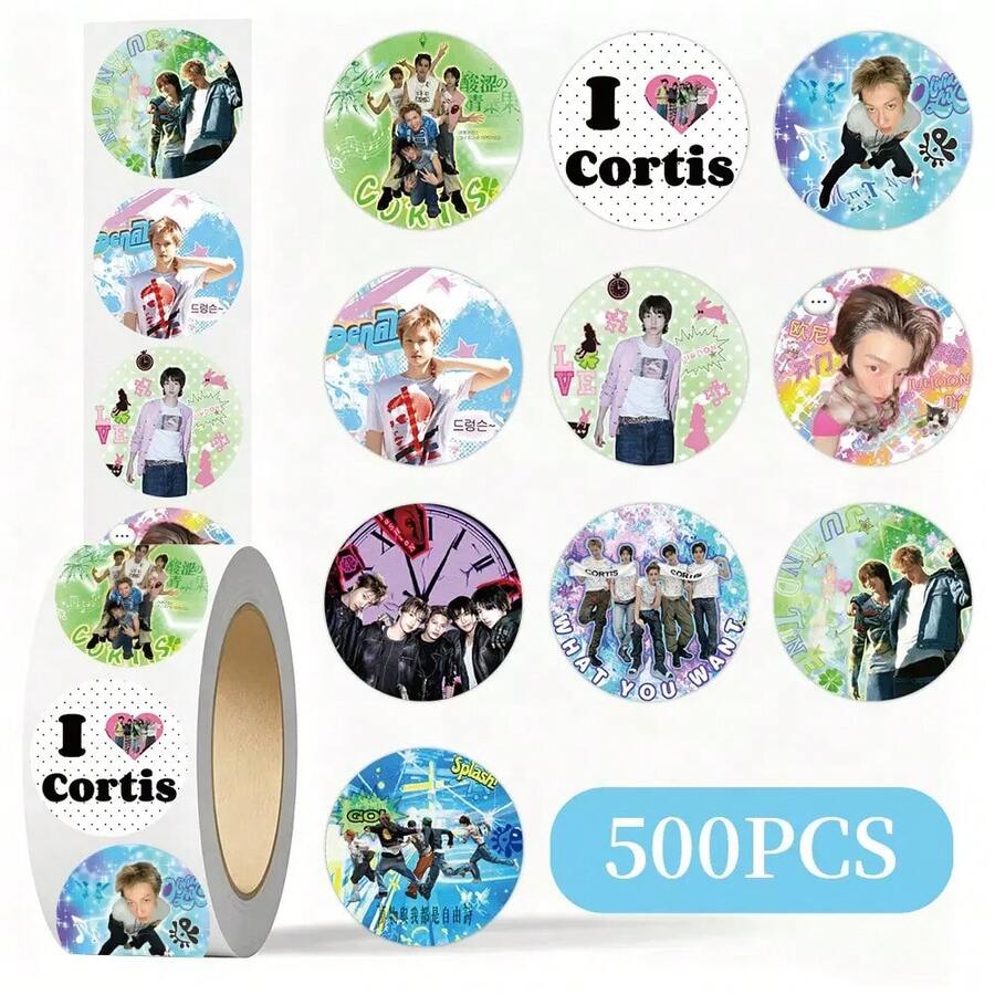500pcs/Roll CORTI/S Roll Stickers Round Cartoon Portrait Seal Stickers Scrapbook DIY Collage Material Gift Box Packaging Decorative Stickers K-Pop Fan Support Merchandise Birthday Gift For Best Friend - Multicolor - View 1