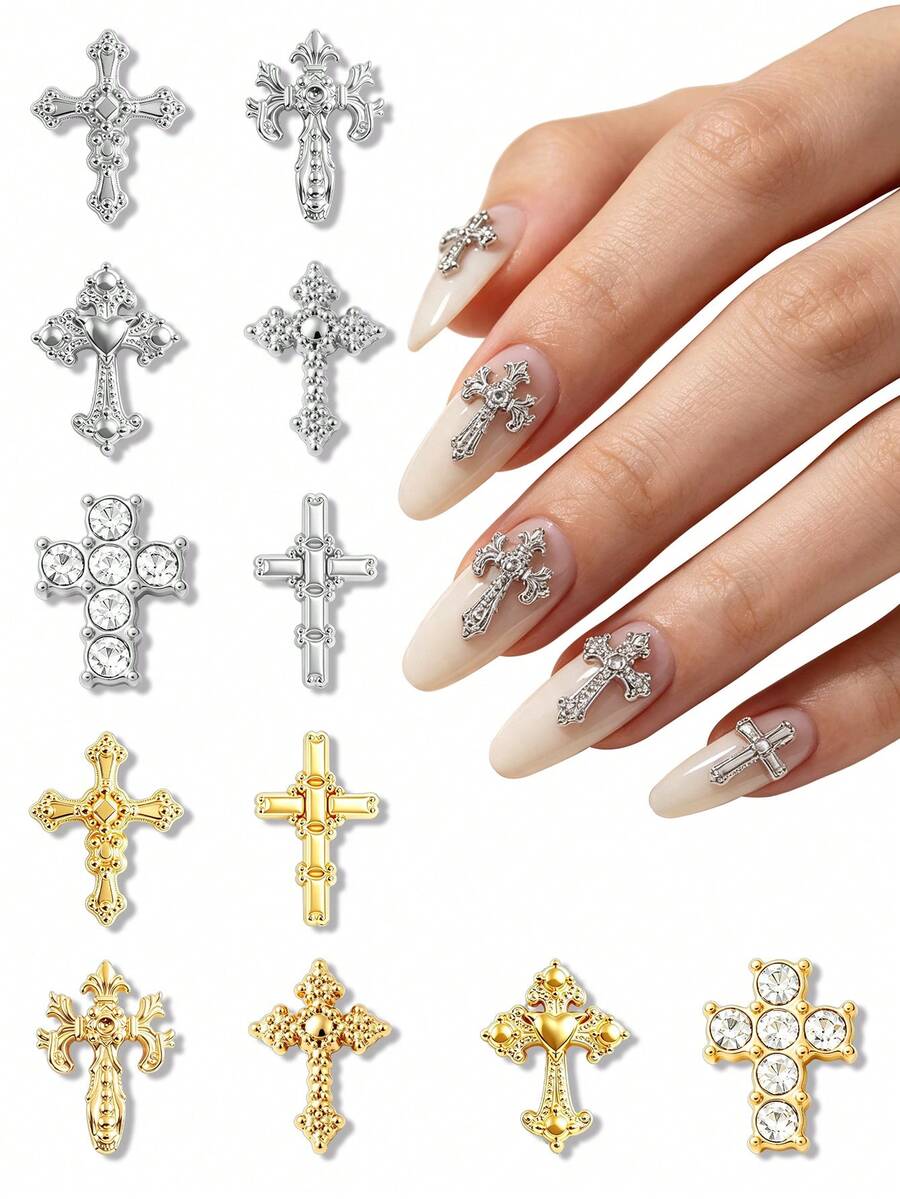 30pcs/6-Grid European Court Style 3D Alloy Cross Nail Art Charms, Assorted Glitter Cross Nail Decorations, Versatile Metal DIY Nail Supplies - Multicolor - View 1