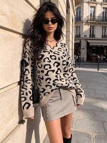 BuyK [Top]Leopard Print V-Neck Knit Sweater, Loose Cold Shoulder Tie Sleeve Pullover, For Weekend Classic Leopard Print Cozy Knit Sweater Vacation - Khaki - View 2