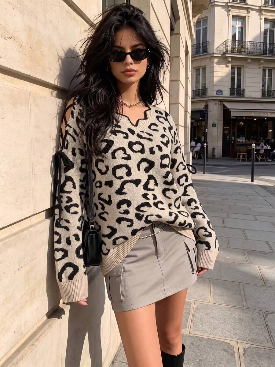 BuyK [Top]Leopard Print V-Neck Knit Sweater, Loose Cold Shoulder Tie Sleeve Pullover, For Weekend Classic Leopard Print Cozy Knit Sweater Vacation