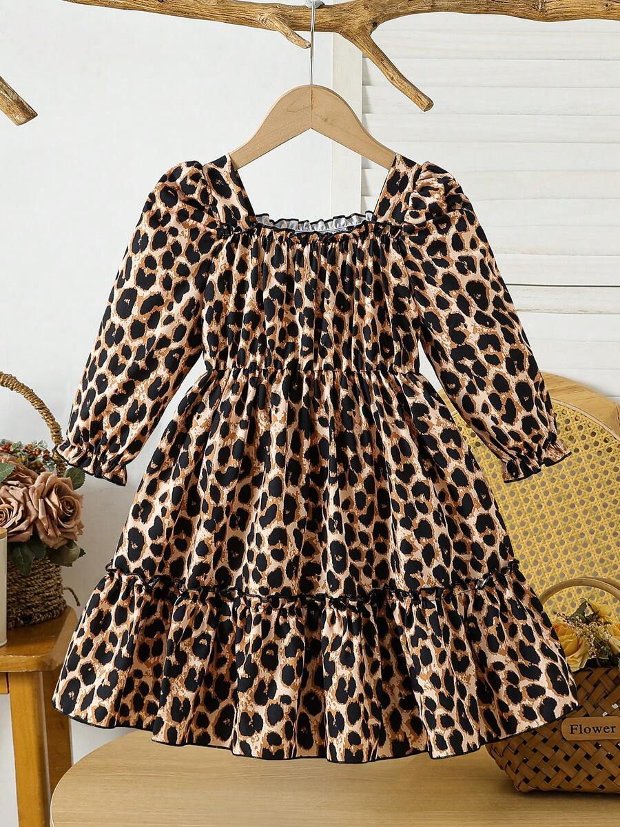 1pc Girls Fashion Leopard Print Dress, Sweet And Cute, Suitable For Autumn/Winter, Can Be Used For Party, Vacation, Gift And Daily Outdoor Wear - Multicolor - View 1