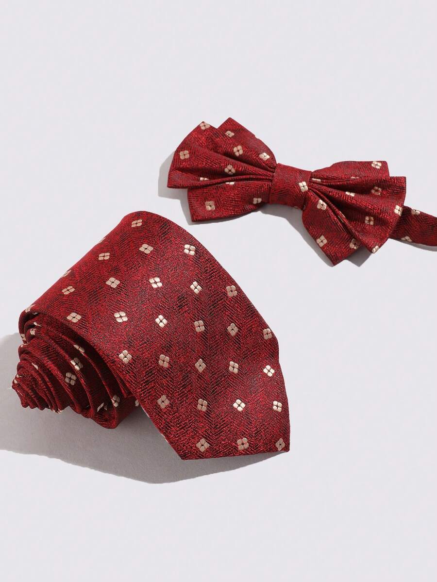 1 Set Burgundy Square Jacquard Collar & Bow Tie 2-Piece Set, Men's Commute Daily Wedding Celebration Formal Wear, No-Tie Necktie - Multicolor - View 1