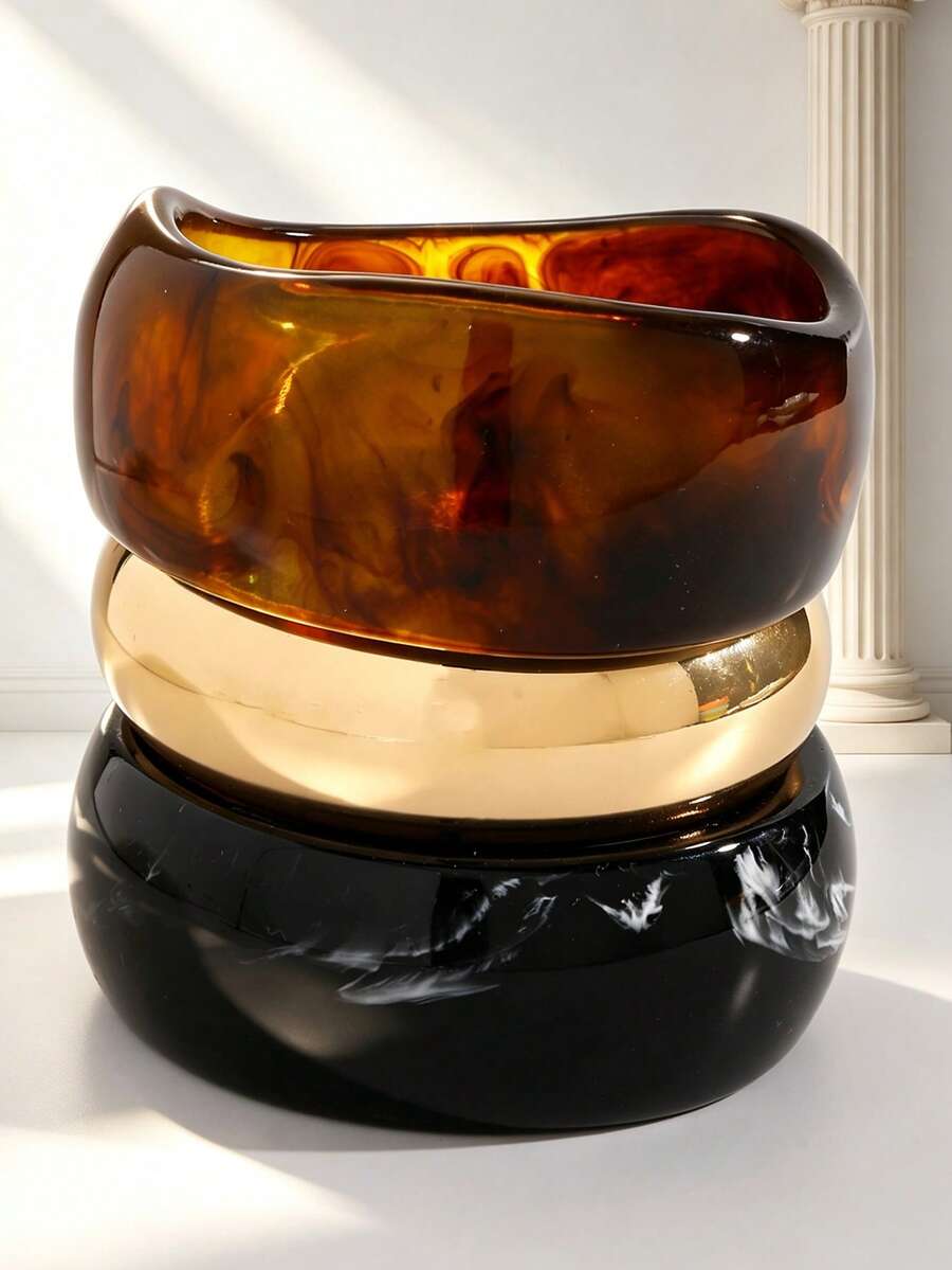 1/3pcs Vintage Hong Kong Style Wide Resin Bracelet Set, Minimalist Premium Layered Bangle For Daily Wear And Party Outfit, Suitable For Women, Holiday Gift - Multicolor - View 1