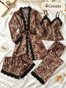 4pcs Solid Color Satin & Lace Patchwork Pajama Set, Long Sleeve Robe + V-Neck Halter Top + Shorts + Pants + Belt, Women's Elegant Sleepwear Loungewear - Brown - View 2