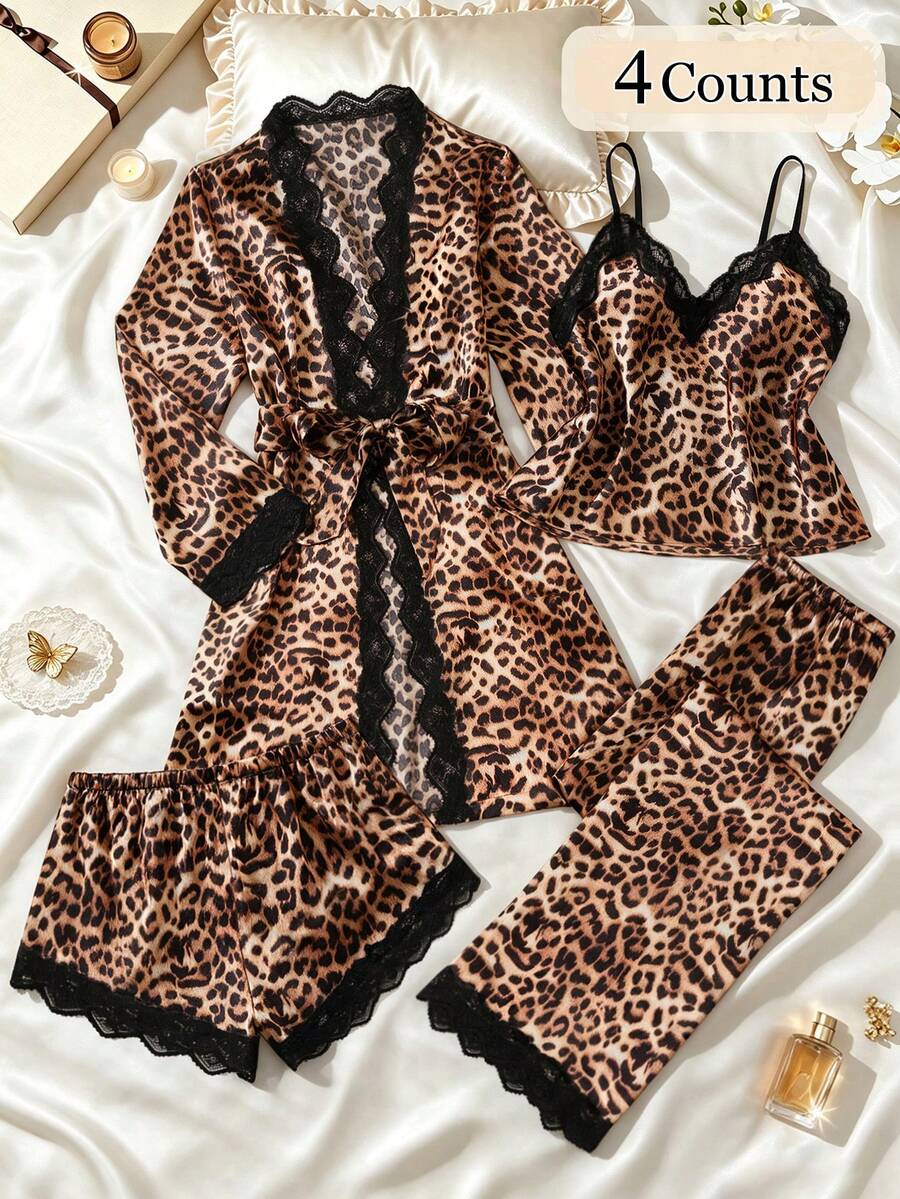 4pcs Solid Color Satin & Lace Patchwork Pajama Set, Long Sleeve Robe + V-Neck Halter Top + Shorts + Pants + Belt, Women's Elegant Sleepwear Loungewear