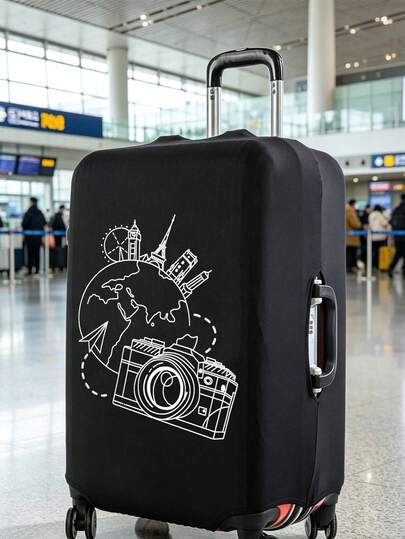 Travel Theme Luggage Cover, Earth City Camera Airplane Pattern Design, 18-32 Inch Durable Universal Luggage Protector, Dust-Proof Scratch-Resistant Luggage Cover With Elastic Edge, Perfect For Flights, Vacations, Honeymoons, Airports, Cruises, Business Trips, Travel, Back To School, Teacher's Day, Easter, Thanksgiving, Christmas And Holidays, Unisex Travel Essential Accessory, Gift For Family Friends Mother Teacher, Suitable For Most Rolling Luggage, Hand Luggage, Trolley Bags