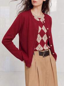 Women's Autumn Casual Minimalist Inner Diamond Pattern Solid Color Knit 2 In 1 Pullover Cardigan - Red - View 4