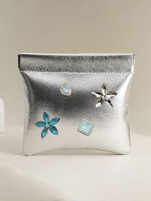 Silver Handheld Wallet With Snap Closure, Star & Heart Charm, Compact Digital Accessory Storage Bag, Silver Small Pouch, Women's Makeup Bag, Snap Pouch, Portable Data Cable Storage Bag, Cosmetic Storage Bag, Card Holder, Mini Toiletries Storage Bag, Travel Portable Fashion Glasses Storage Bag, Auto-Closing Design, Convenient For Daily Use, Perfect As Halloween, Thanksgiving Gift For Friends, Family, Best Friends - Multicolor - View 15