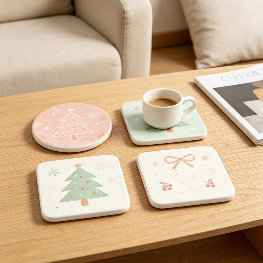 Macaron Pastel Christmas Acrylic Coaster Set, Christmas Tree Bow Cherry Snowflake Pattern, Non-Slip Heat-Insulating Coaster, Heat-Resistant Anti-Scalding, Desktop Protection Pad, Home Dining Table Holiday Decoration Christmas Gift - Multicolor - View 1