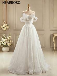 HEARBOBO Romantic Bohemian Off-Shoulder Bridal Gown, Short Sleeve Lace Beaded Detail With Long Skirt White - White - View 2