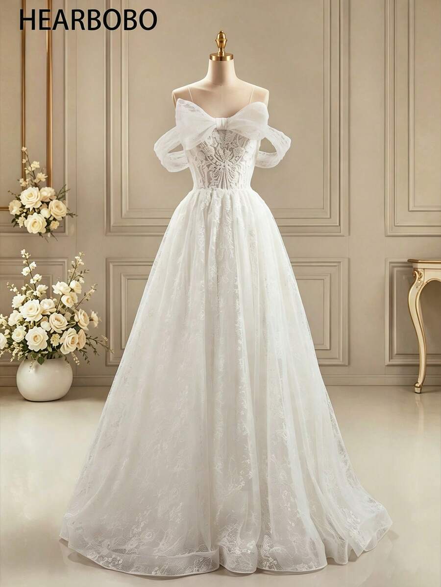 HEARBOBO Romantic Bohemian Off-Shoulder Bridal Gown, Short Sleeve Lace Beaded Detail With Long Skirt White