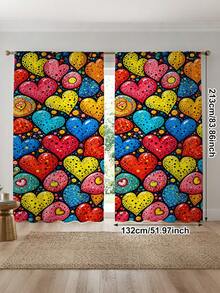 2Pcs Colorful Contrast Polka Dot Heart Print Curtains, Vibrant Artistic Heart Pattern, Living Room Bedroom Home Decor Hanging Curtains - Multicolor - View 14