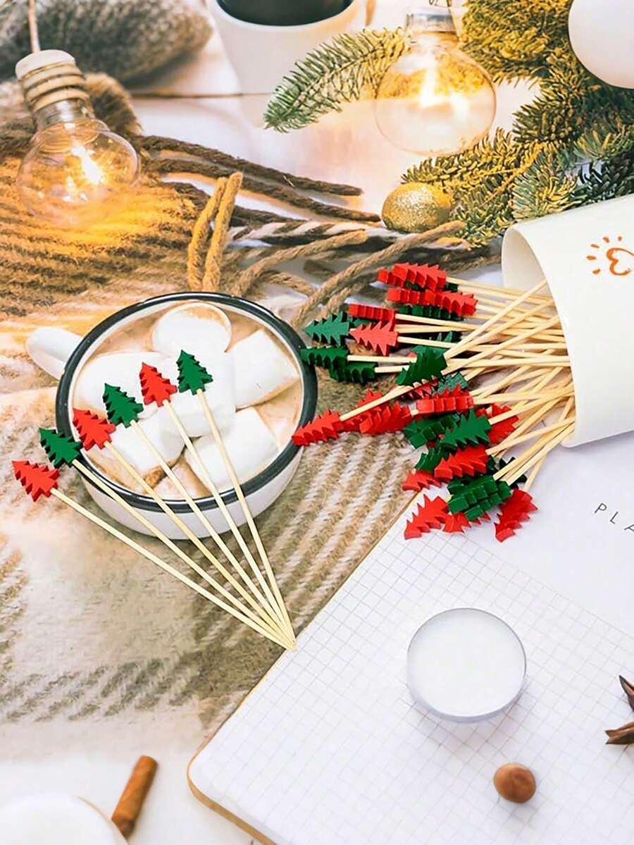 50pcs Christmas Tree Cocktail Picks - Holiday Food Skewers, Suitable For Fruit, Burgers, Cupcakes And Appetizers, Party Decoration - Multicolor - View 1
