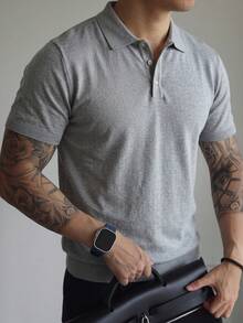 Men's Solid Color Knit Polo Short Sleeve Heather Grey Turn Collar Minimalist Basic Business Casual Knit Sweater - Grey - View 7