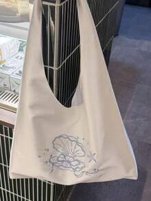 新款中式小眾設計 INS 風刺繡貝殼緞面帆布托特包 女款韓系大容量休閒百搭通勤逛街日常購物腋下單肩包 - 白色 - 查看 3