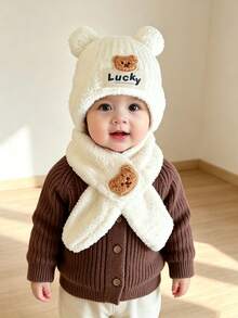 1 Set 3D Bear Ears Lucky Label Decor High Elastic Thickened Coral Fleece Warm Windproof Ear & Neck Protection Cute Cartoon Children's Hat & Scarf Set, Winter Daily Wear, Holiday Gift - Multicolor - View 3