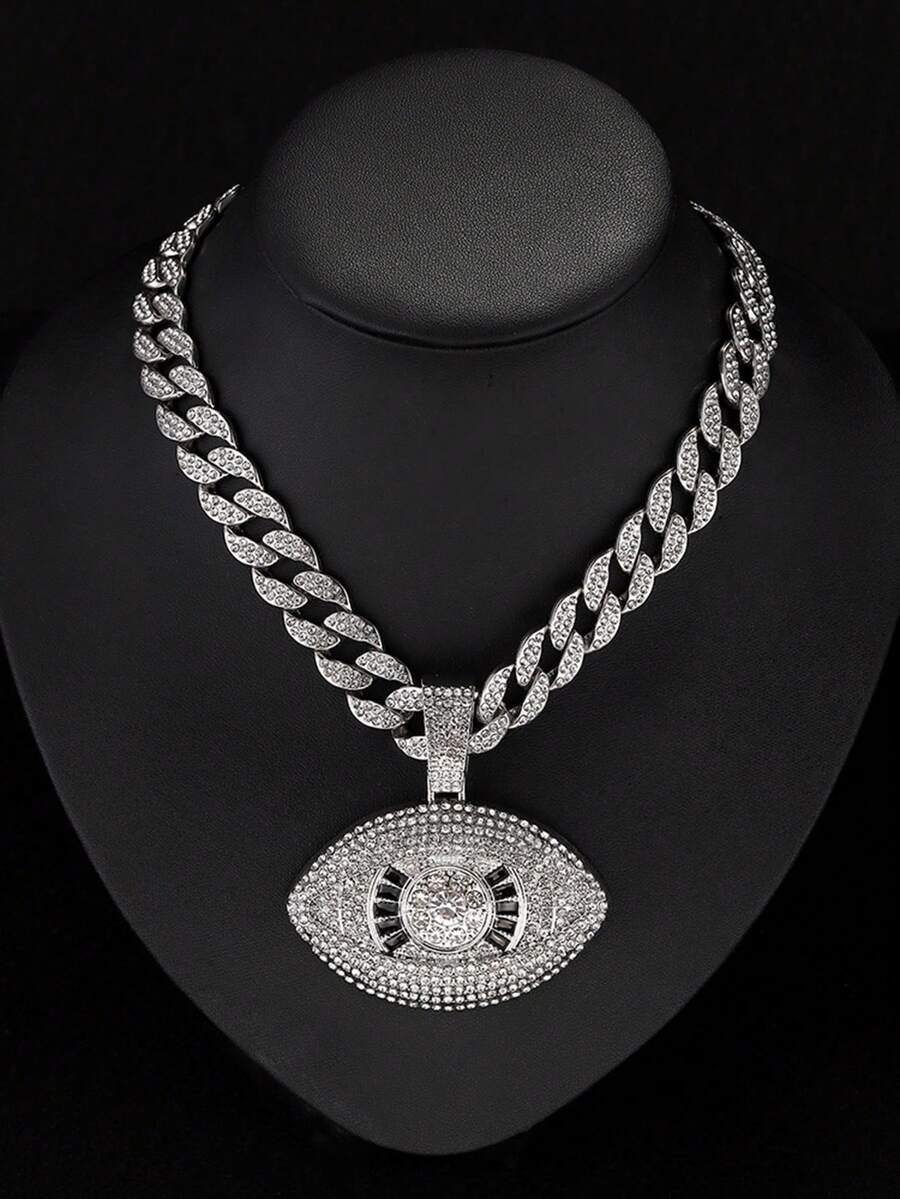1pc Evil Eye Shaped Pendant And Rhinestone Cuban Chain Men's Fashion Popular Hip Hop Pendant Necklace - Silver - View 1