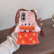 Autumn/Winter Plush Cartoon Mermaid Ugly-Cute Doll Phone Case For Samsung Galaxy Z Fold3/4/5/6/7/8, Embroidered Tassel Hand Strap, Cute 3D Full Coverage Shockproof Protective Shell - Brown Braids - View 3