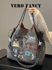 Tas Tangan Bordir Desain Unik, Tas Belanja Fashion Kapasitas Besar, Tas Selempang dengan Tali Bahu Panjang yang Dapat Diatur, Cocok untuk Berbelanja - Grey - View 2