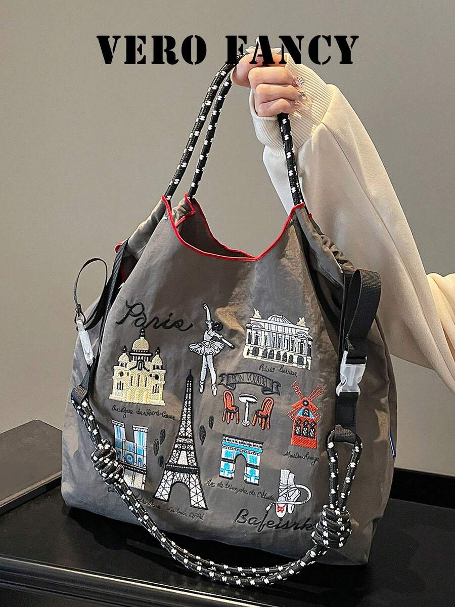 Tas Tangan Bordir Desain Unik, Tas Belanja Fashion Kapasitas Besar, Tas Selempang dengan Tali Bahu Panjang yang Dapat Diatur, Cocok untuk Berbelanja