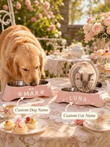 Customized Name Elevated Double Dog Bowl, Personalized Raised Pet Feeding Station With Stainless Steel Bowls, Non-Slip Dog Food & Water Bowl Stand, Customized Name Puppy Feeding Station, Suitable For Large, Medium, Small Dogs - Multicolor - View 1