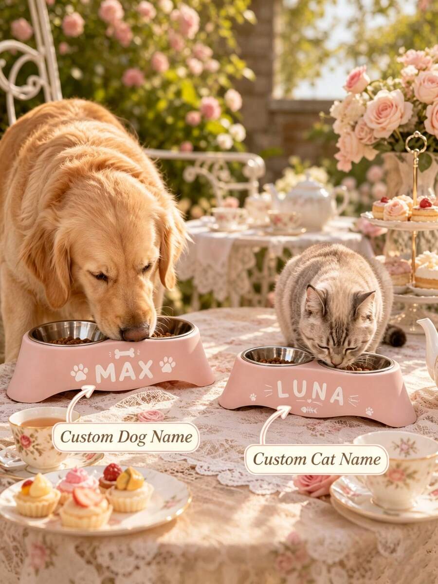 Customized Name Elevated Double Dog Bowl, Personalized Raised Pet Feeding Station With Stainless Steel Bowls, Non-Slip Dog Food & Water Bowl Stand, Customized Name Puppy Feeding Station, Suitable For Large, Medium, Small Dogs - Multicolor - View 1