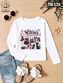 Halloween Girls Cotton Raglan Long Sleeve T-Shirt, Witches Just Wanna Have Fun Print, Cute Sweet Preppy Style - White - View 3