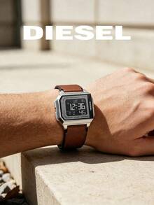 DIESEL Square Digital Watch, Silver Metal Case, Brown Leather Strap, Vintage LCD Wristwatch - Black - View 3