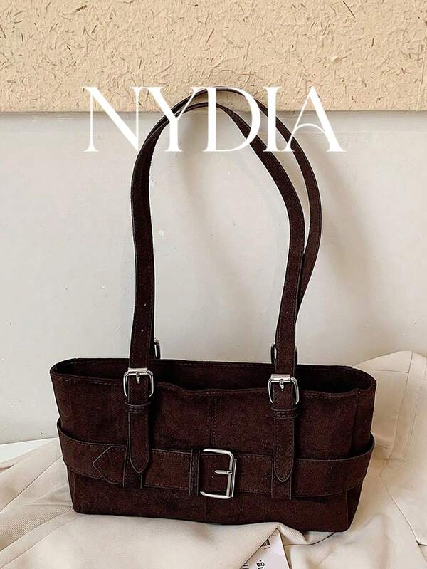 1pc Women's Vintage Brown Faux Suede Underarm Bag, Adjustable Metal Buckle Belt Decor Y2K Rectangular Shoulder Handbag, Suitable For Shopping And Sightseeing