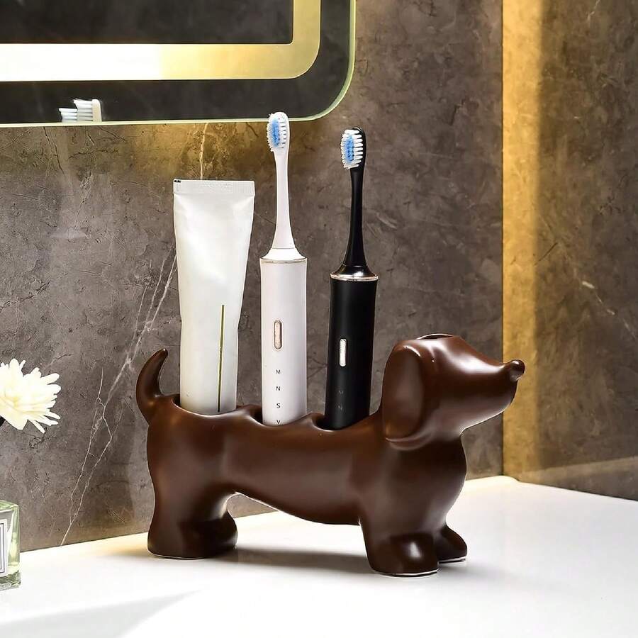 1pc Cute Dachshund Shaped Bathroom Storage Box & Toothbrush Holder, Freestanding Plastic Material, Suitable For Electric Toothbrushes, Dachshund Theme Decor, Suitable For Sink, Bathtub, Shower And Bathroom - Multicolor - View 1