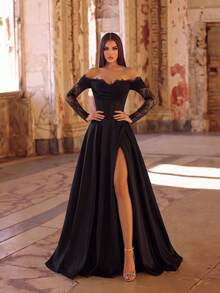 ADYCE Elegant Off Shoulder Long Sleeve Waisted Backless Bodycon Tie-Back Lace High-Slit Fishbone Christmas Prom Gown Homecoming Wedding Guest Formal Dinner - Black - View 6
