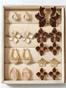 Random 10/6/4/2pcs Fashion Elegant Heart Flower Faux Pearl Women's Earring Set, Vacation Date Birthday Holiday Gift, Personalized - Multicolor - View 3