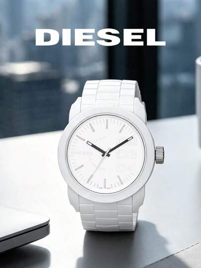 Jam Tangan Pria Diesel Double-Down Quartz dengan Tali Silikon Putih, Dial Angka Besar, Tahan Air 5ATM, DZ1436
