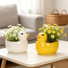 1pc Cute Duck Ceramic Succulent Planter Pot, Cartoon Little Duck Flower Pot, Small Animal Shape Plant Container For Home Desktop Decor - Multicolor - View 5