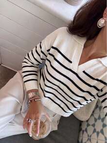 Women's New Classic Retro Style Black And White Striped Collar Long Sleeve Knit Sweater Fall - Black and White - View 1