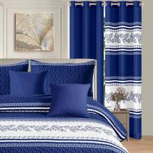 Juego Edredón Ligero Matrimonial Doble Vista 15 Piezas TODO EN 1 Incluye Cubrecolchón, Alfombra, Cortinas, Fundas de Cojín y Juego de Baño - Conjunto Combinado de Colcha Reversible para Recamara Matrimonial - Azul Marino - Ver 3