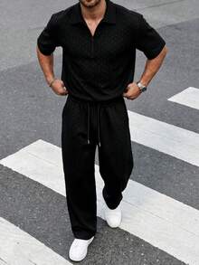 Pure Black Wheat Ear Jacquard Knit Polo Shirt With Half-Zip Collar And Drawstring Straight Leg Pants, Men's Casual 2 Pieces Set - Black - View 1