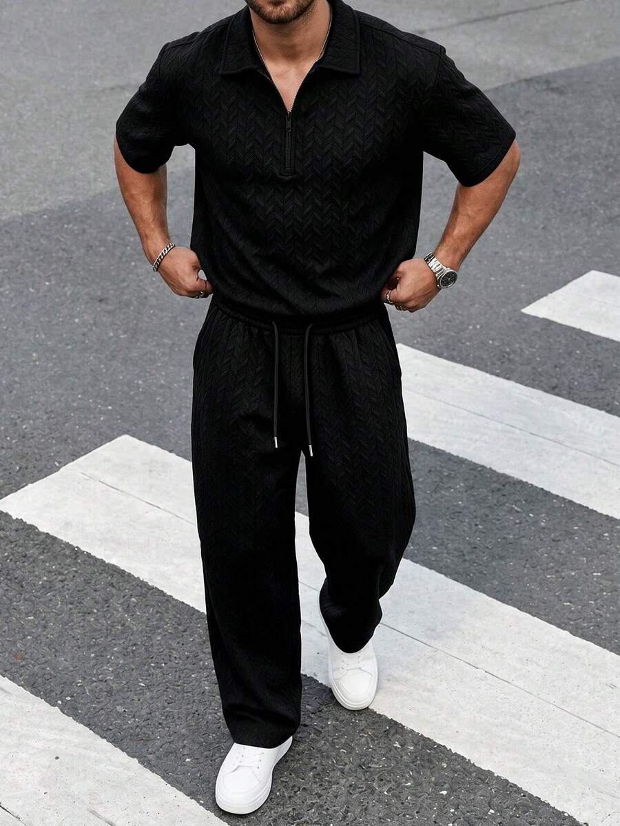 Pure Black Wheat Ear Jacquard Knit Polo Shirt With Half-Zip Collar And Drawstring Straight Leg Pants, Men's Casual 2 Pieces Set - Black - View 1