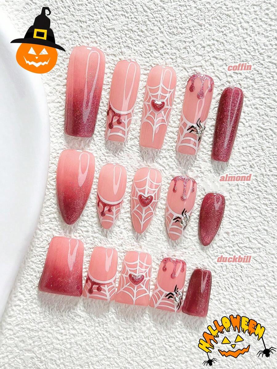 10件組萬聖節主題甜美風手工穿戴甲 Poly Gel 美甲套組,蜘蛛、蜘蛛網、愛心圖案,粉色與白色,粉色哥德風,含美甲工具,3種尺寸可選,杏仁/鴨嘴/棺材形,適合派對、舞會、日常配戴 - 彩色 - 查看 1