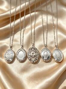 1pc Casual Stainless Steel Oval-Shaped Gratitude Photo Pendant Necklace, Unisex, Suitable For Daily Wear, Holiday Wear, Thanksgiving Wear, Niche Luxury, Minimalist Versatile, High-End Design - Silver - View 2