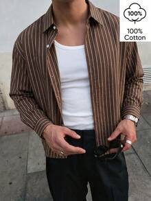 WAIT HIM 100% Cotton Men's Casual Striped Long Sleeve Shirt - Brown - View 4