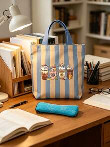Set Tas Bekal Kanvas Bergaris + Tas Penyimpanan Peralatan Makan, Ringan, Dapat Dilipat, Mudah Dibersihkan, Untuk Kerja, Perjalanan, Bekal Sekolah, Piknik, Bepergian, Pekerja Kantoran, Pelajar, Komuter, Kembali ke Sekolah, Perlengkapan Perjalanan, Hadiah Ulang Tahun - MultiWarna - View 7